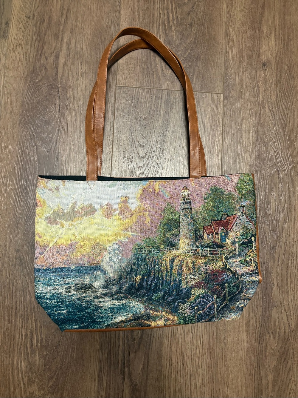 Thomas Kinkade Tapestry Tote Bag with Brown Handles